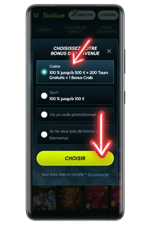 Sélection d’une offre promotionnelle pour les joueurs du Slotexo Casino France.