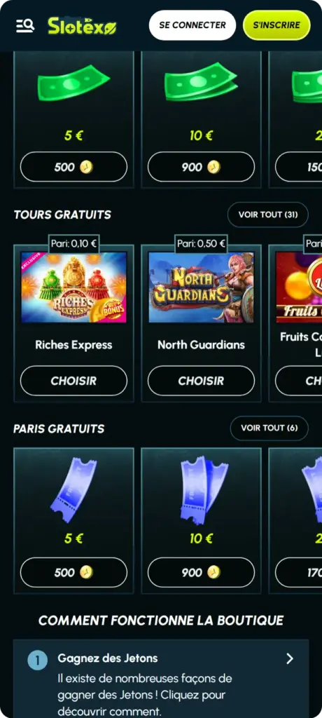 Interface utilisateur du casino en ligne Slotexo Casino